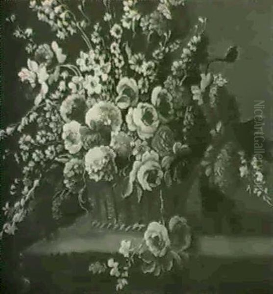 Roses, Chrysanthemums, Naracissae And Other       Flowers In A Basket On A Ledge & Roses, Tulips & Others - view 1