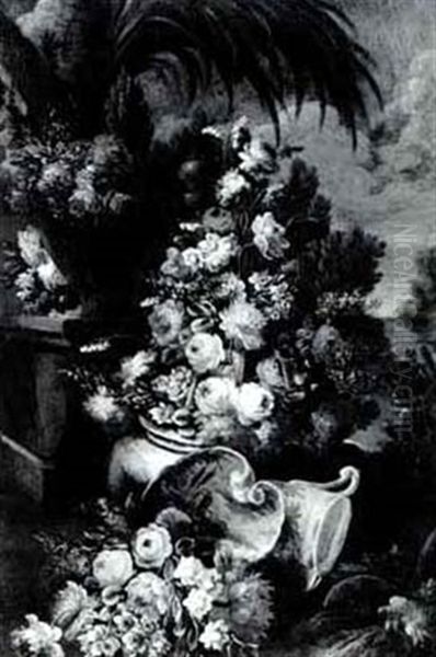 Still Life Of Flowers In A Landscape With A Blue And White Porcelain Dish And Pitcher - view 1