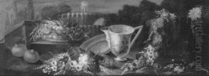 Flowers And Fruit, A Blue And White Pitcher And A Brass     Plate By A Fountain In A Park