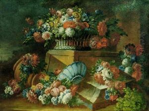 Flowers In A Basket On A Stone Ledge With Cut Flowers, An   Overturned Terracotta Urn And A Blue And White Porcelain by Gasparo Lopez