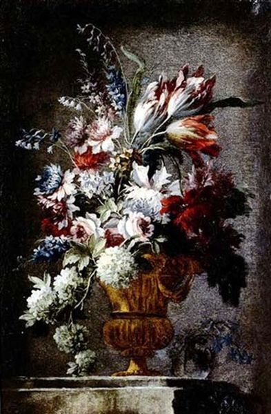 Still Lifes Of Flowers In Urns Resting On Stone Ledges: A Pair Of Paintings - view 1