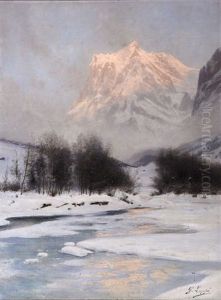 Coucher De Soleil En Hiver Sur Le Wetterhorn Et Le Village De Grindelwald by Gabriel Loppe