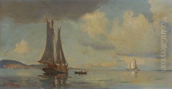 Sailboats And A Skiff On Still Waters Off A Hilly Coast With Cloudy Sky - view 1