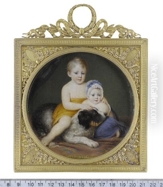 Two Young Boys, Seated On A Carpet Before Dark Blue Drapery With Their St. Bernard: The Elder Boy In Ochre-colored Shawl, Seated On The Dog's Back... - view 1