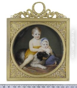 Two Young Boys, Seated On A Carpet Before Dark Blue Drapery With Their St. Bernard: The Elder Boy In Ochre-colored Shawl, Seated On The Dog's Back...