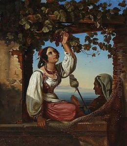 Two Italian Women In A Pergola by Auguste Johan Frederik Carl Lorange