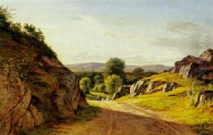 Farehyrde Pa Grusvej Omgivet Af Klipper by Auguste Johan Frederik Carl Lorange