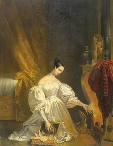Die Verlorene Liebe. Junge Dame Verbrennt Erinnerungen An Vergangene Romanze Im Kamin by Pierre-Jerome Lordon
