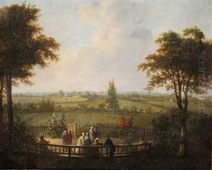 Landscape Near Lyngby North Of Copenhagen (in Front Of Ermelundshuset?), In The Foreground People Seated On A Bench by Christian August Lorentzen