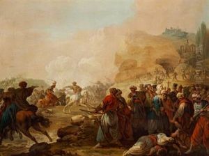 Battle Scene With Greeks And Turks Fighting by Christian August Lorentzen