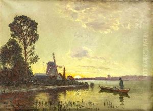 Fischer Am Ufer Vor Windmuhle U. Untergehender Sonne by Ernst Hugo Lorenz-Morovana
