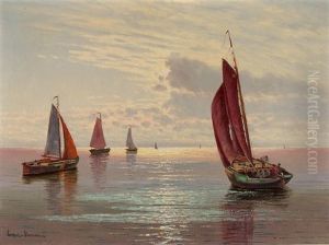 Fischerboote Vor Sonnenuntergang by Ernst Hugo Lorenz-Morovana