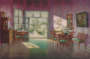 Blick In Einen Lichtdurchfluteten Biedermeiersalon Mit Durchblick In Bluhenden Garten by Ernst Hugo Lorenz-Morovana