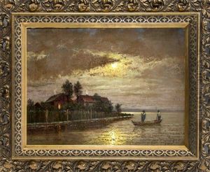 Zwei Fischer Am Seeufer In Einer Vollmondnacht by Ernst Lorenz-Murowana