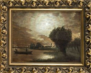 Stimmungsbild Zweier Fischer Am Ufer Einer Mondbeschienenen Landschaft