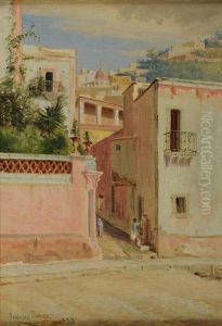 Mediterranean Hillside Town With Children Drawingwater From The Street Pump by Townley Benson
