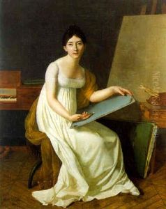 Portrait Of The Artist, Seated, Wearing A Dress And Holding A Sketching Board And Porte-crayon by Henriette Lorimier