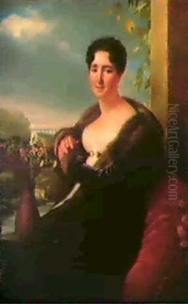 Madame De Saint-privat Sur La Terrasse De Son Chateau       Avec Le Pont Du Gard En Arriere Plan - view 1