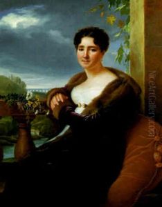 Madame De Saint-privat On The Terrace Of Her Chateau With   The Pont-du-gard In The Background by Henriette Lorimier