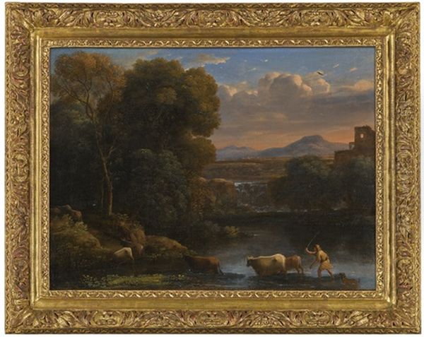 An Italianate Landscape With A Drover And His Dog Driving His Cattle Across A Ford, A Waterfall Beyond - view 1