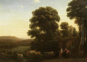A Pastoral Landscape With A Shepherd And Shepherdess Beside Their Livestock In An Arcadian Landscape With Drovers On A Bridge Beyond by Claude Lorrain (Claude Gellee)