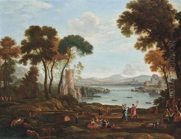 An Arcadian Landscape With Figures Dancing And Others Conversing On A River Bank - view 1