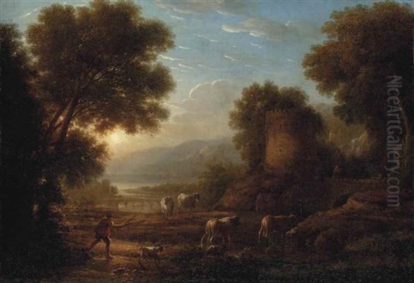 A Wooded River Landscape With A Herdsman And His Cattle - view 1
