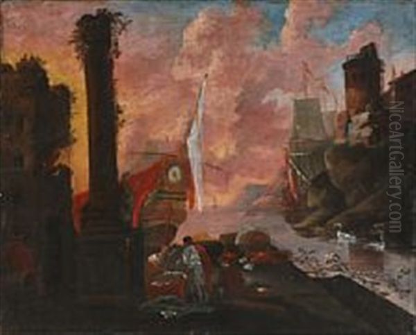 Harbour Scene With Classical Ruins - view 1