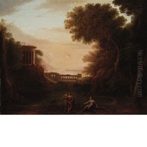 Figures Near A Round Temple, An Aqueduct In The Distance by Claude Lorrain (Claude Gellee)