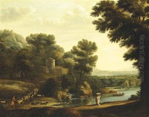 A Wooded River Landscape With Travellers, Shepherds And Their Flock On A Path, A Fortified City Beyond A Wooded River Landscape With Travellers, Shepherds And Their Flock On A Path, A Fortified City Beyond