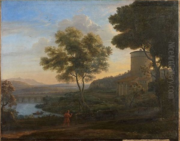 Berger Et Son Troupeau Dans Un Paysage De Riviere Au Pont - view 1