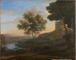 Berger Et Son Troupeau Dans Un Paysage De Riviere Au Pont by Claude Lorrain (Claude Gellee)