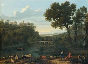 Flusslandschaft Mit Einem Hirten Und Einer Frau Im Vordergrund, Lagerndem Vieh Am Ufer Und Einem Dorf In Der Ferne