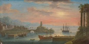 Weite Kustenlandschaft Mit Imaginarer Hafenanlage Bei Untergehender Sonne by Claude Lorrain (Claude Gellee)