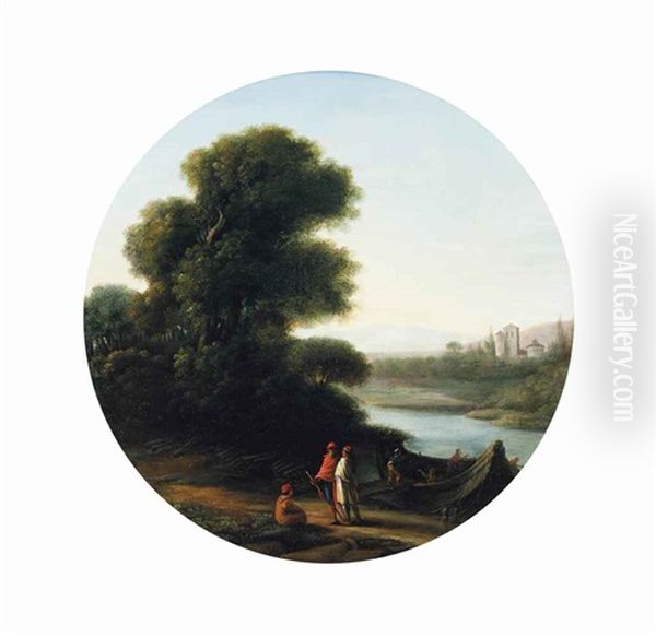 A Wooded River Landscape With Figures On A Path And Others Loading A Boat With Logs, A Castle Beyond - view 1