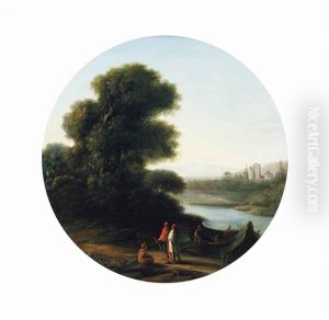 A Wooded River Landscape With Figures On A Path And Others Loading A Boat With Logs, A Castle Beyond by Claude Lorrain (Claude Gellee)