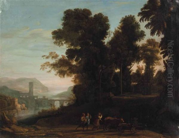 A River Landscape With Travelers And Shephards On A Path - view 1