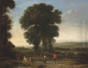 An Extensive Landscape With Figures Dancing And Others Resting Under A Tree In The Foreground, Their Cattle Resting Beyond by Claude Lorrain (Claude Gellee)