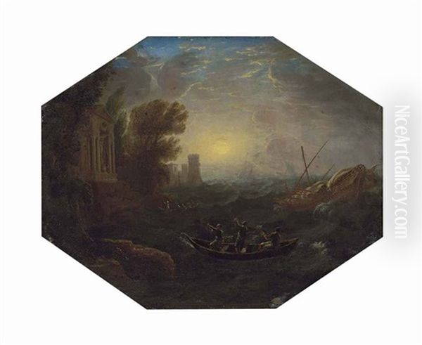La Tempete: A Mediterranean Costal Landscape With Rowing Boats And A Galley In Rough Seas, A Seaside Temple And A Tower, Other Vessels Beyond - view 1