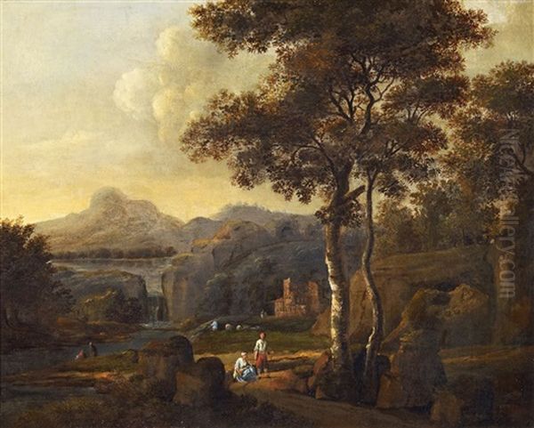 Italienische Seenlandschaft Mit Wanderern - view 1