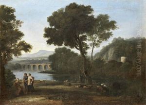 Elegant Figures Conversing In A Pastoral Landscape by Claude Lorrain (Claude Gellee)