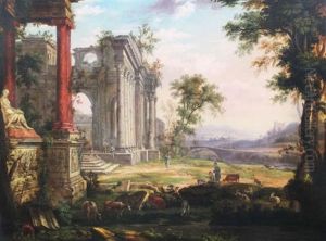 Figures And Classical Ruins In An Italianate Landscape