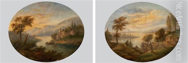 Flusslandschaft Mit Hausern Und Figurenstaffage (+ Another; Pair) - view 1
