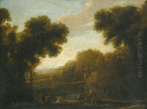 A River Landscape With Travellers On The Bank