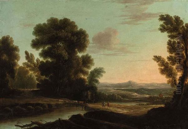 An Italianate River Landscape With Herdsmen With Their Cattle Crossing A Bridge - view 1