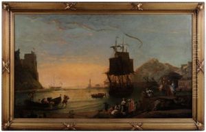 Italianate Harbor With Ship And Fisherman by Claude Lorrain (Claude Gellee)