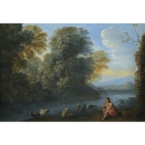 An Italianate Landscape With A Shepherd Boy Playing The Pipe While Watering His Flock At A River by Claude Lorrain (Claude Gellee)