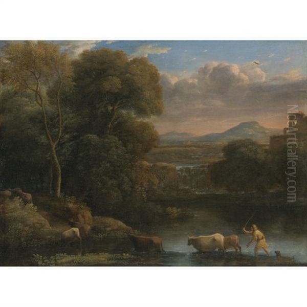 An Italianate Landscape With A Drover And His Dog Driving His Cattle Across A Ford, A Waterfall Beyond - view 1