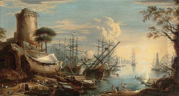 A Mediterranean Coastal Landscape With Shipping In A Harbor And Bathers On A Bank - view 1