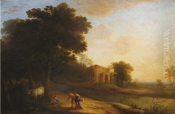 Paysage A La Riviere Avec Des Villageois En Chemin Et Un Patre - view 1